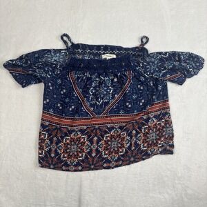 Y2K Meraki Cold Shoulder Floral Tapestry Top Blouse Blue Women's Medium